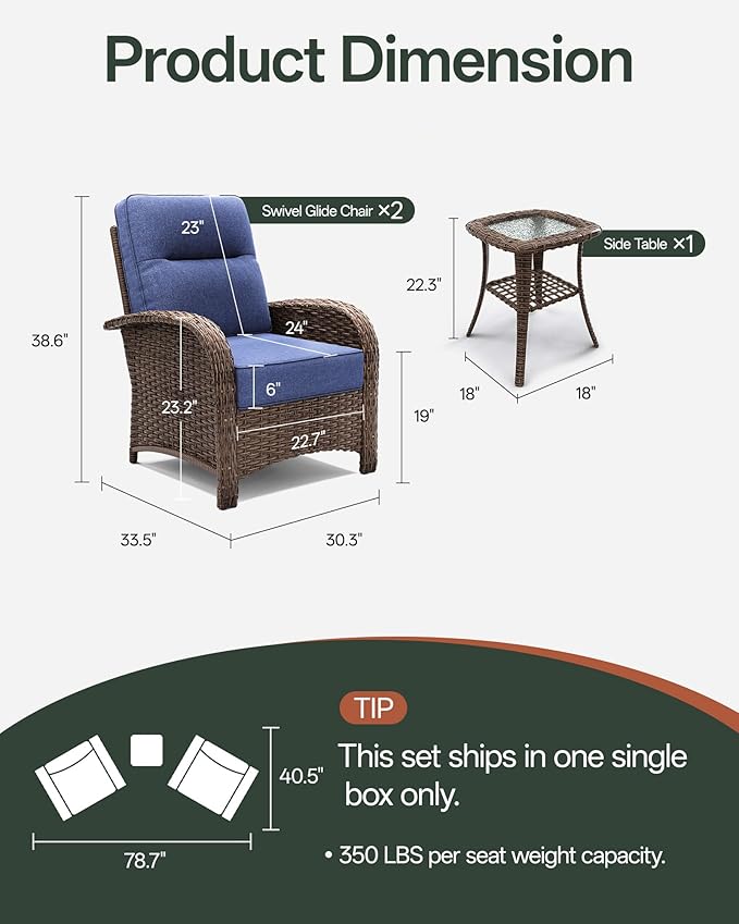 3-Piece Patio Furniture Set with 6-Inch Thick Cushions, High Back Outdoor Arm Chairs and Table, All-Weather Conversation Set for Porch, Deck, Balcony, Yard in Blue