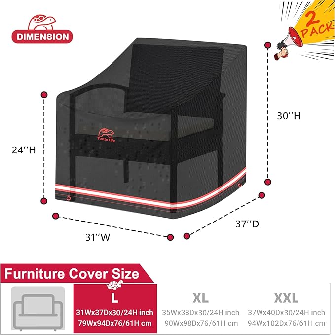Turtle Life Patio Chair Cover, Heavy Duty Durable Waterproof Outdoor Lawn Armchair Deep Single Sofa Cover, Anti-Fading Cover for Chair, Black, 31" Wx 37" D x 30" H, 2 Pack