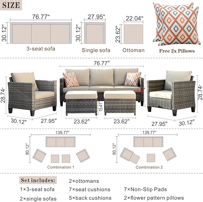 HOOOWOOO 5-Piece Luxury Patio Furniture Set– Stylish, Comfortable Outdoor Rattan Sofa Set with 2 Chairs, 2 Ottoamns, Weather-Resistant Patio Conversation Set for Deck, Garden, Balcony (Beige)