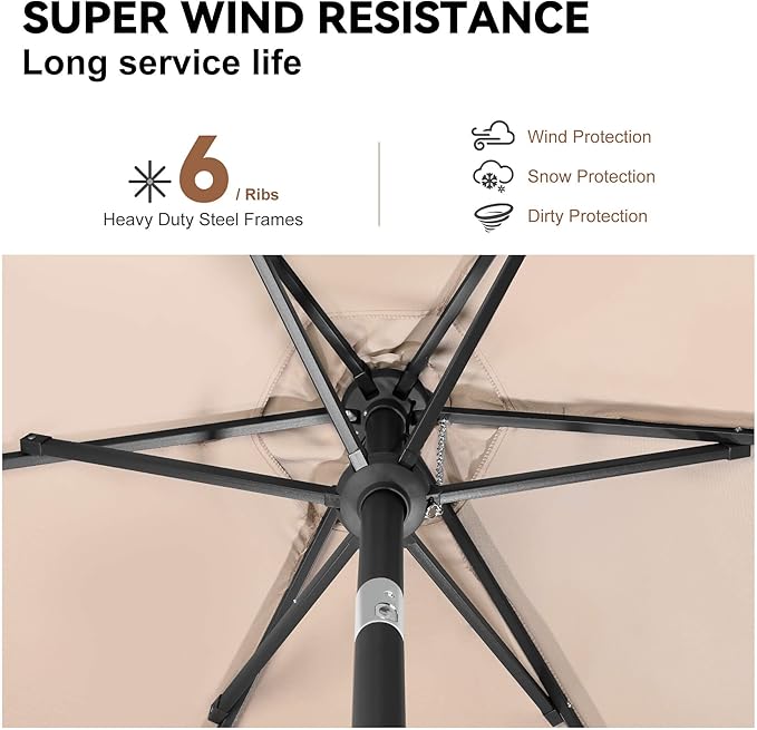 10ft Patio Umbrella Outdoor - Table Umbrella with 6 Sturdy Ribs, Market Umbrella with Push Button Tilt, UV Protection for Pool, Porch, Garden, Deck, Backyard (Beige)