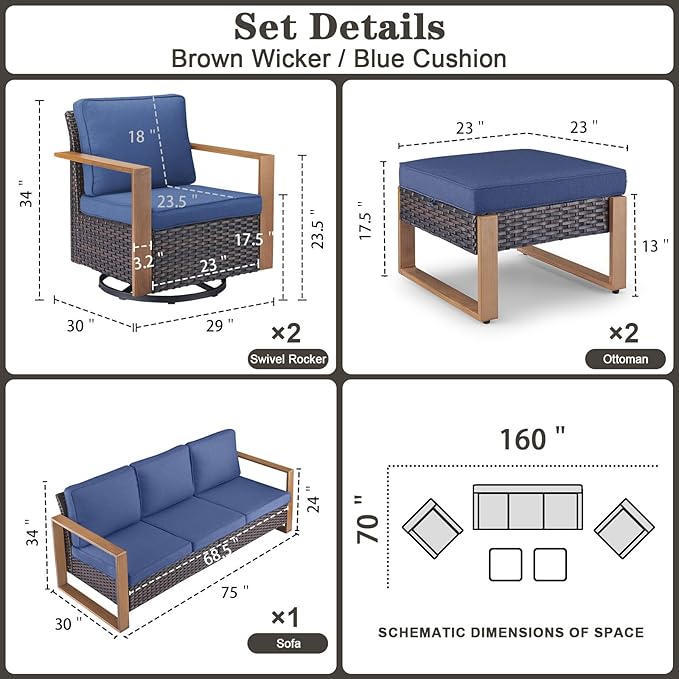 Belord 5 Piece Patio Furniture Set with Swivel Chairs, PE Wicker Patio Sofa Set Outdoor Swivel Rocker Patio Chairs with Anti-Rust Metal Wide Armrests for Deck Backyard Sunroom