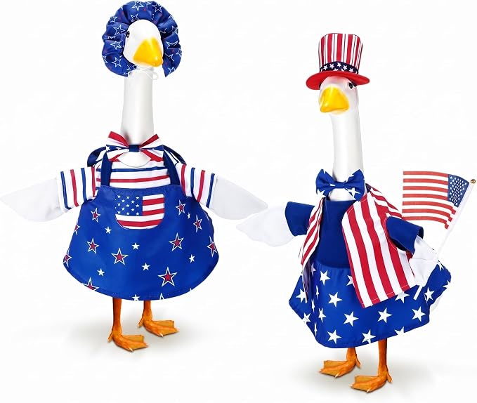 Abbylike 2 Set American 4th of July Porch Goose Outfits 250th Anniversary Goose Costume Clothes Fits Large 23'' Statues Cement for Independence Memorial Day Patriotic Lawn Yard Garden Decor