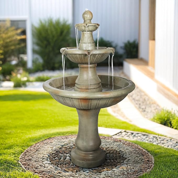 51.5" H Freestanding Outdoor Water Fountain – Stone-Look Weather-Resistant Easy Setup Classic 3-Tier Garden Feature with Electric Pump for Patios, Yards & Courtyards