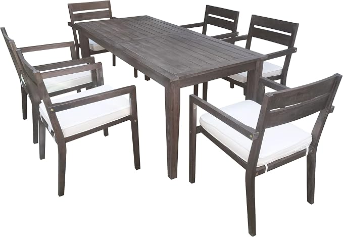 7 Piece Patio Dining Table Set with Removable Cushion, Outdoor Acacia Wood Furniture Set for Garden, Backyard, Lawn, Poolside (A-Gray)