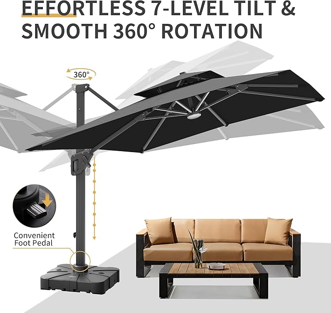 10 X 13 FT Cantilever Patio Umbrella with Base Included & Led Lights Outdoor Rectangle Offset Large Double Top Heavy Duty Umbrellas 360°Rotation for Pool Deck Backyard Garden,Black