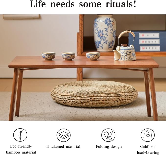 JIKUGO Bamboo Folding Coffee Table, No Assembly Required, Japanese Floor Table for Bedroom Living Room, Walnut, 23.6 x 15.7 x 9.8 Inches