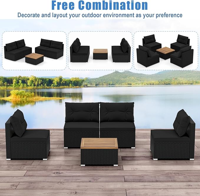 RELAX4LIFE 5-Piece Wicker Outdoor Furniture - PE Rattan Sectional Conversation Set w/4 Armless Sofas & Acacia Wood Coffee Table, Cushioned Patio Sofa Set for Garden Poolside Backyard Porch (Black)