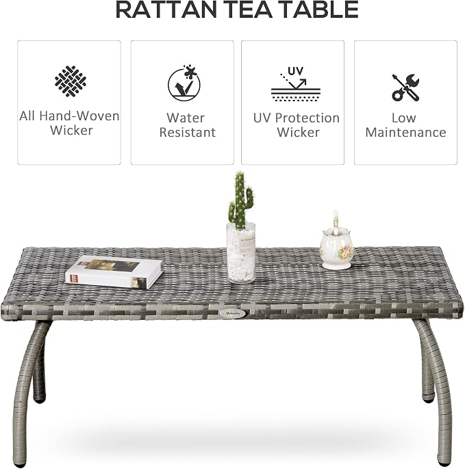Outsunny Rattan Wicker Table PE, Coffee Table with All-Weather Material for Outdoor, Garden, Balcony, Backyard, Grey