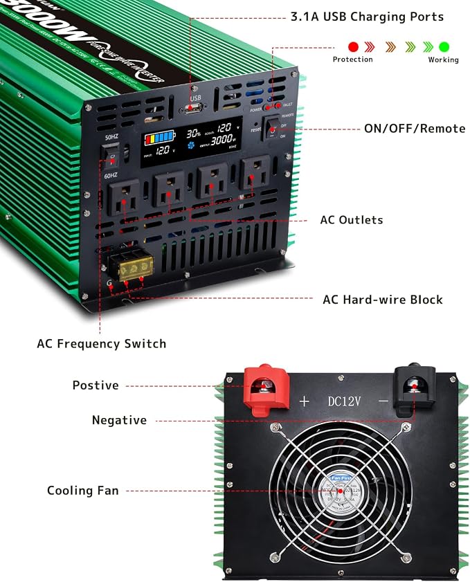 LVYUAN 3000 Watt Pure Sine Power Inverter 12V to 110V 120V DC to AC Converter with 4 AC Outlets, LCD Display, USB Charge Port, Remote Control for Home RV Vehicle Outdoor Camping Car Power Inverter
