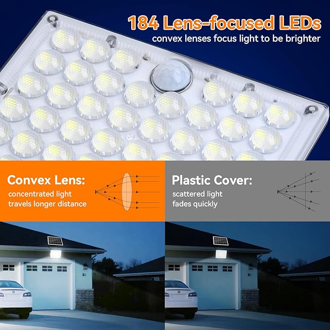 Aialun 4Pack Solar Motion Lights Outdoor,3600LM Bright 184 LEDs Larger Solar Panel Security Lights 3600mAh Battery,3 Modes Flood Lights Outside 6500K IP65 Waterproof for Yard,Garage,Patio,16.4ft Cord