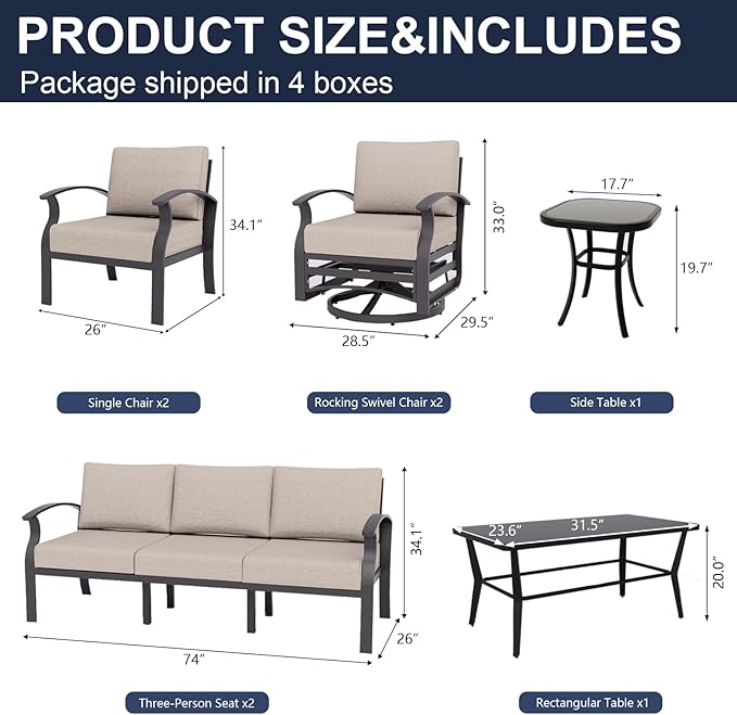 Kurapika Aluminum Patio Furniture Set 10-Seat Modern Metal Outdoor Conversation Sets w/Swivel Rocking Chairs Patio Sectional Sofa w/5.1 Inch Cushion with Rectangular Coffee Table, Sand