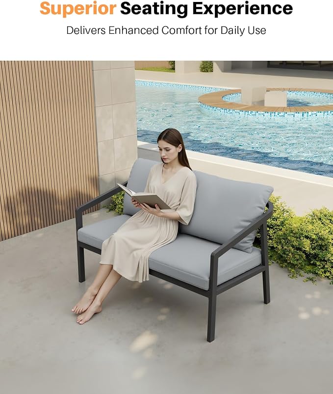 Outdoor Patio Loveseat, Never-Rust Aluminum Outdoor Loveseat Couch with Thick Cushions, Modern 2-Seater Patio Sofa Bench, Outdoor Sofa Loveseat Furniture for Backyard, Garden, Black
