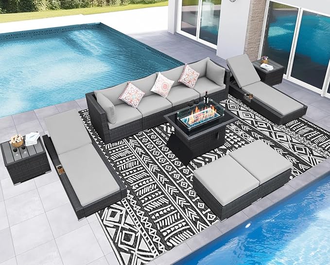 NICESOUL 11 Piece Sectional Outdoor Set with Firepit Loungers, Modern Large Backyard Seating with Fireplace, 29.3'' High-Back Patio Couch Sofa, All-Weather Wicker Furniture Sets for Deck, Light Grey