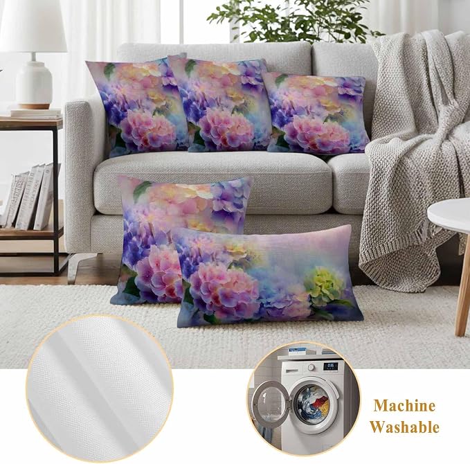 Pink Purple Floral Outdoor Pillow Cover 16x16 Inch Cushion Sham Case, Spring Hydrangea Flower Vintage Botanical Waterproof Decorative Square Throw Pillowcase for Outside Garden Patio Porch Couch Chair