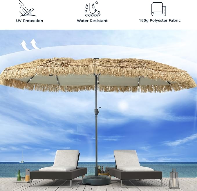 13ft Thatch Umbrella with Solar Lights Tiki Bench umbrella With Crank, Water-resistant for Bench, Patio,Pool