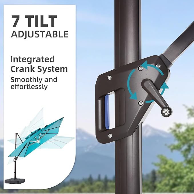 10 X 13 FT Cantilever Patio Umbrella with Led Lights and Base Included Heavy Duty Outdoor Double Top Large Rectangle Offset Umbrellas with 360-degree Rotation for Garden Pool Deck Backyard, Turquoise
