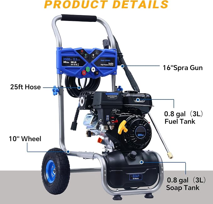 Pressure Washer Gas Powered 3500 PSI 2.3 GPM, 209CC Engine Gas Pressure Washer with 25FT Hose & 4 Quick-Connect Multi-Angle Nozzle, High Pressure Washer for Outdoor Cleaning