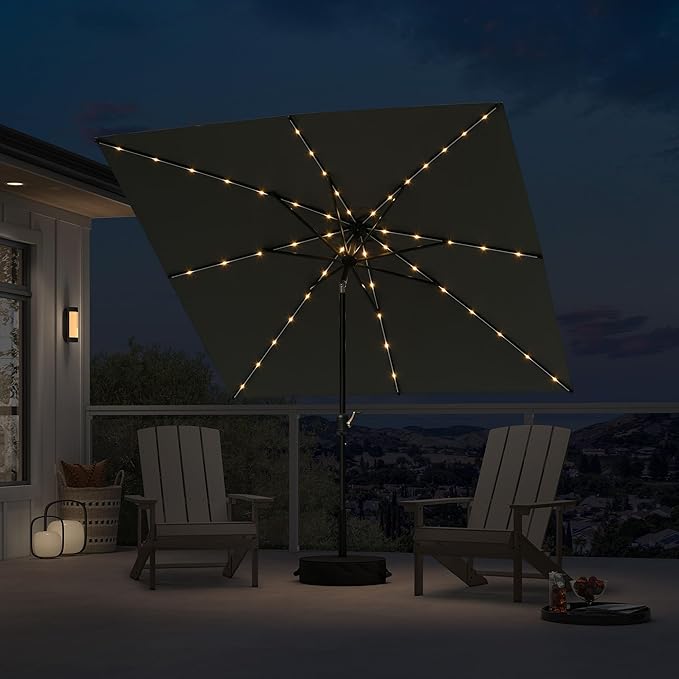 PURPLE LEAF 8' x 8' Square Patio Umbrella with Solar LED Outdoor Table Umbrella Aluminum Frame Market Umbrella with 8 Sturdy Ribs & Tilt for Garden Deck Lawn Pool Gray