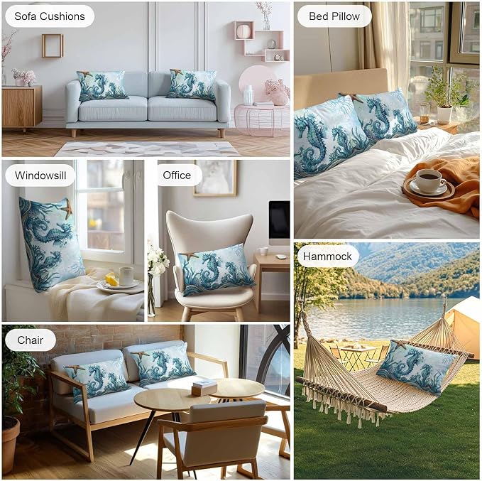 Ocean Seahorses Outdoor Pillow Covers 20x12 Inch Lumbar Pillow Covers Set of 2 Waterproof Decorative Throw Pillow Cases Coastal Animals Seaweed Strafish Compass Blue Cushion Covers for Patio Furniture