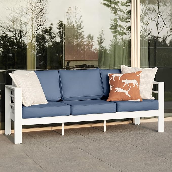 Aluminum Patio Set, 3-Seat Outdoor Furniture Set with 5 Inch Cushions, Patio Furniture Sets with Waterproof Covers for Backyard Garden(White&Blue)