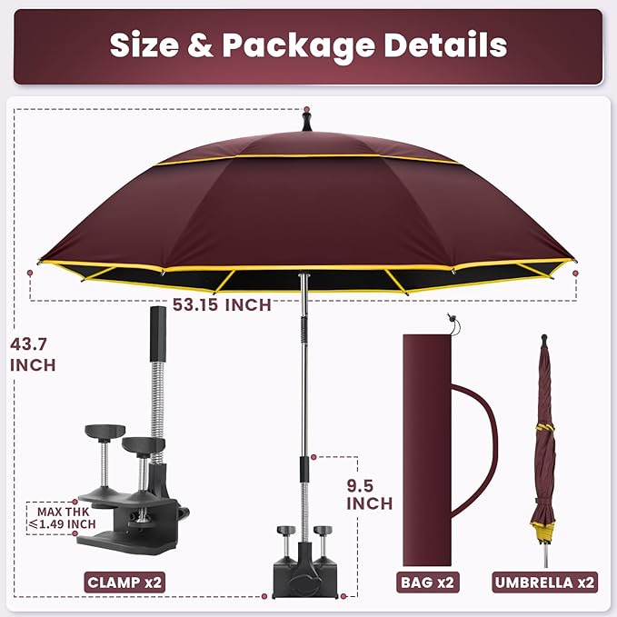 Chair Umbrella with Clamp,2PACK 53 inches Double Canopy Beach Chair Umbrella with Universal Clamp,50+ UV Protection,360° Swivel,Folding Clip on Sun Umbrellas for Table,Camping,Bench Chairs,Golf Cart