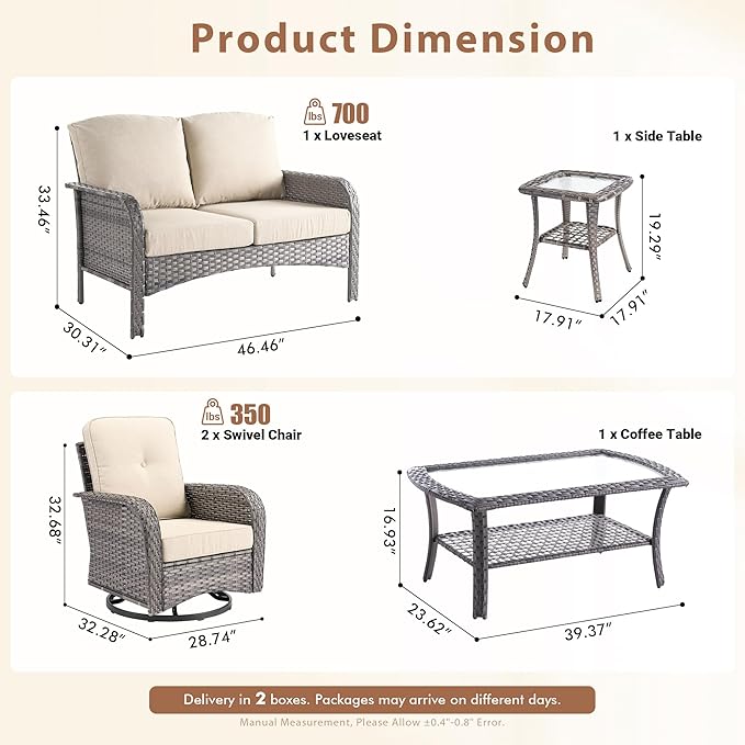 5 Pieces Outdoor Patio Furniture Set with Coffee Table, All Weather Wicker Patio Conversation Sets with Rocking Chairs, Balcony Furniture Sets for Backyard, Garden, Poolside, Beige