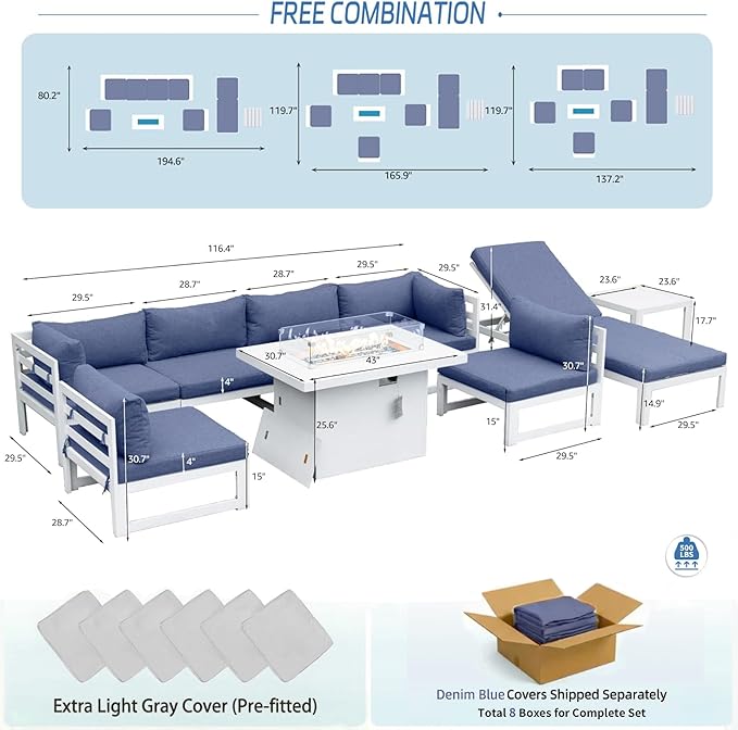 NICESOUL 9 Piece Modern Aluminum Outdoor Patio Furniture Set with Lounge & Fire Pit Table, Large All-Weather Modular Sectional Couch, 29" Wide Deep Seating Conversation Sofa for Poolside, Denim Blue