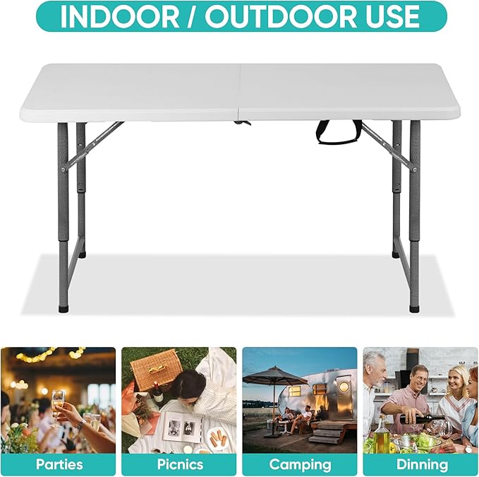 SUPER DEAL Portable 4 Foot Plastic Folding Table, Indoor Outdoor Heavy Duty Fold-in-Half Picnic Party Camping Barbecues Table with Carrying Handle, White