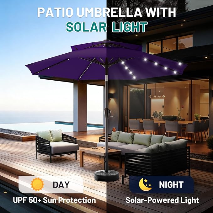 AreShark 9ft 2 Tiers Patio Umbrella with Solar Lights, Outdoor Umbrella w/ 32 LED Lights&8 Sturdy Ribs, Table Umbrella for Deck, Backyard, Pool(Dark Purple)
