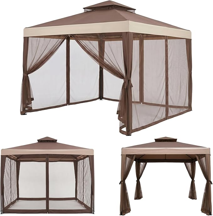 10x10 Gazebo with Netting, Canopy Tent Sun Shade Shelter for Outdoor Patio Backyard (Brown)