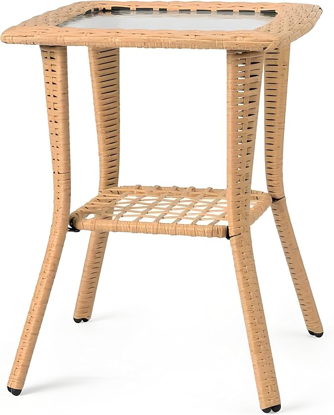 Outdoor Wicker Side Table with Glass Top, Rattan End Table for Patio Garden Porch Balcony, 2-Tier Beige Indoor Outdoor Coffee Bistro Table, Water Ripple Tempered Glass and Powder-Coated Steel Frame