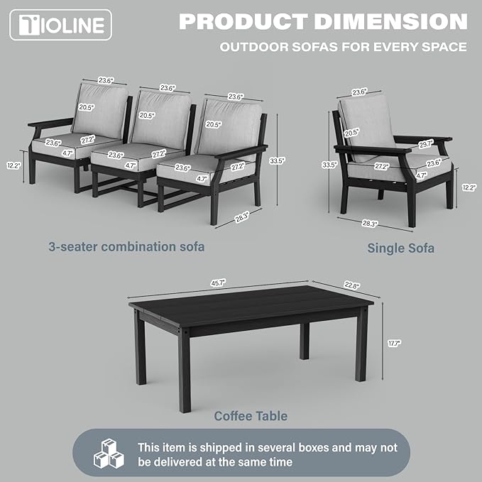 HDPE Patio Conversation Set, 6-Piece All Weather Outdoor Furniture Set with 2 Single Armchairs for Deck, Lawn, with Cushion, Black