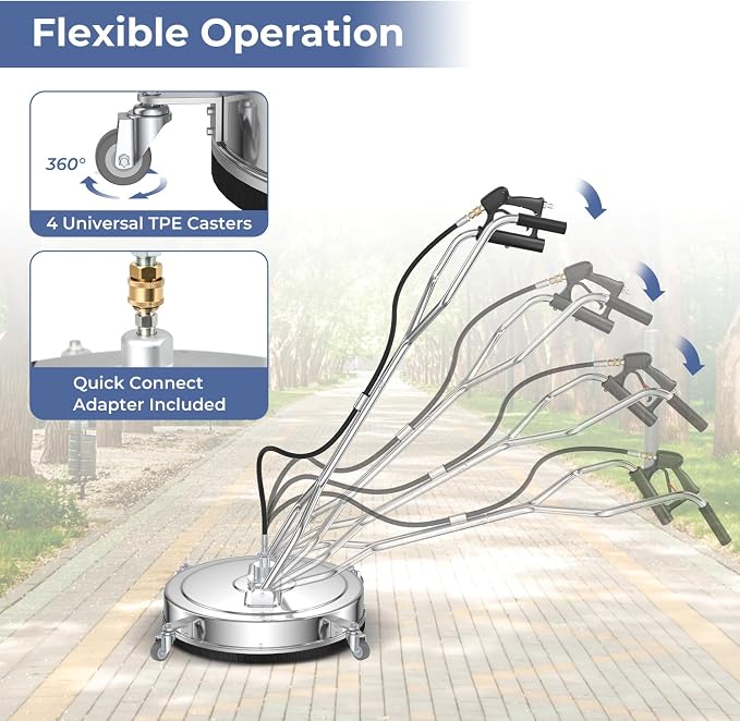 COSTWAY 20" Pressure Washer Surface Cleaner, Stainless Steel Power Cleaner Attachment with Casters, Dual Handles, 3/8'' Quick-Connect, Replacement Nozzle Cores & 2 Hose Adapters, 4000 PSI