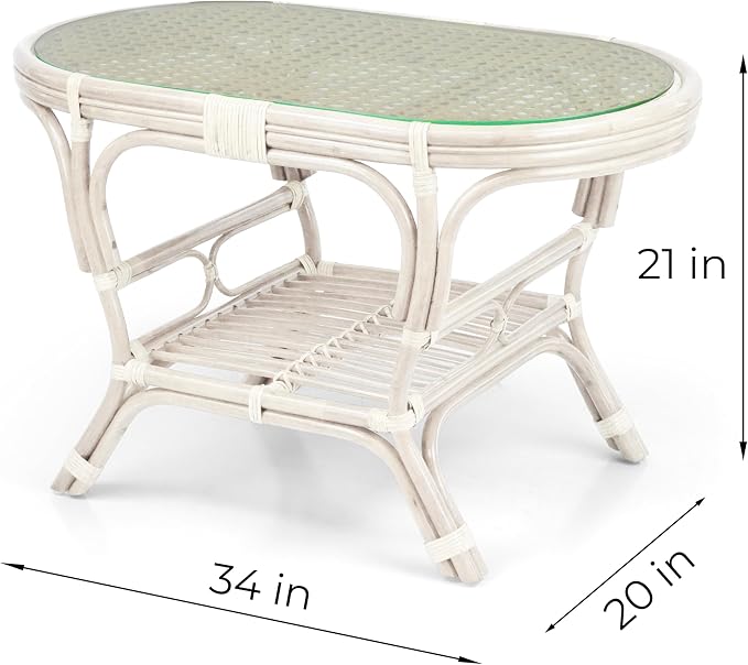Malibu Lounge Set of 4: 2 Natural Rattan Wicker Chairs, Three-Seater Sofa with Dark Brown Cushions and Coffee Table with Glass Handmade, White Color