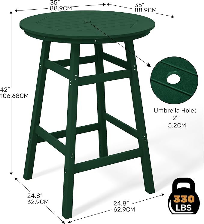 Costaelm Patio Bistro Table, 42" Counter Height Round Patio Cocktail Bar Table with Umbrella Hole, Outdoor Bistro Dining Pub Table for Front Porch Deck Backyard Garden, Dark Green