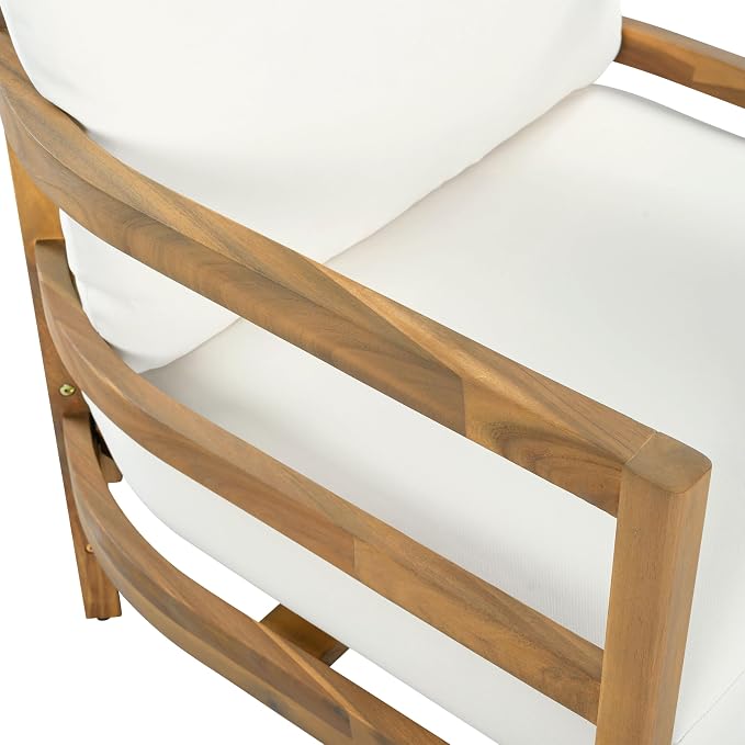 Merax Set of 2 Outdoor Acacia Wood Lounge Chair with Cushions, Solid Wood Patio Armchair, Modern Outdoor Accent Seating for Patio, Garden, Balcony, Deck, Porch, Beige + Light Brown