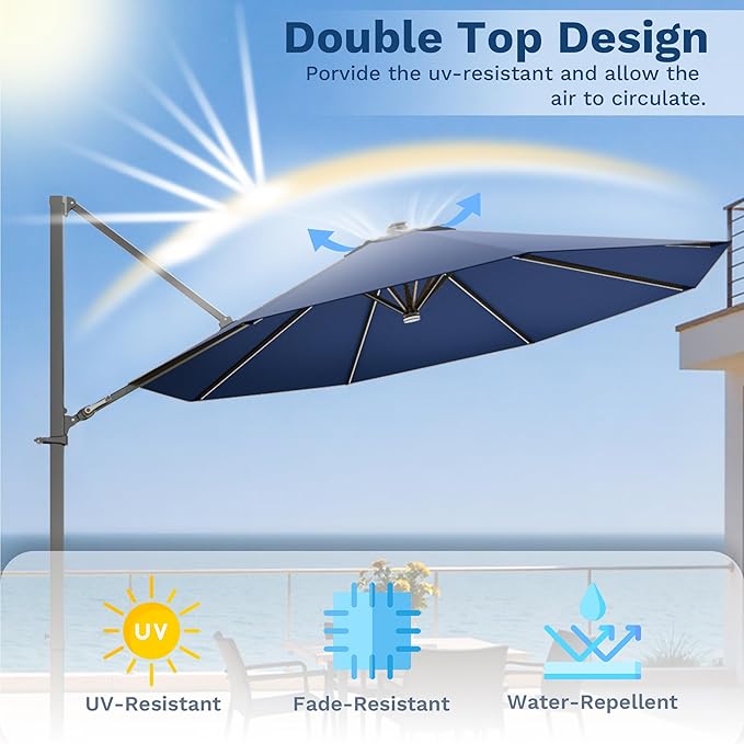 Devoko 10ft Solar LED Patio Umbrella, Round Cantilever Outdoor Umbrella with Solar Lights and 360-Degree Rotation, Large Hanging Offset Market Umbrella with Easy Tilt for Patio Deck Garden, Navy Blue