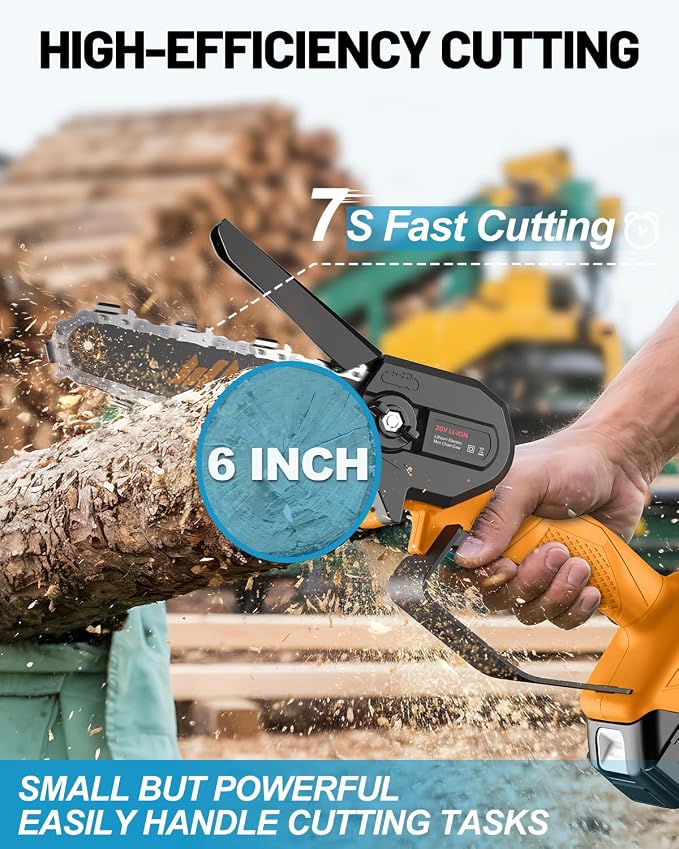 Fostex 6 Inch Cordless Mini Chainsaw, Handheld Electric Chain Saw with 2×2Ah Batteries & 2 Chains, Lightweight Battery Powered Saw for Tree Trimming, Branch Pruning, Gift for Men & Women (Yellow)