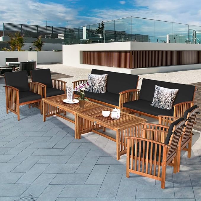 Tangkula 8 PCS Outdoor Acacia Wood Sofa Set with Water Resistant Cushions, Padded Patio Seating Chat Set w/Coffee Table for Garden, Backyard, Poolside (2, Black)