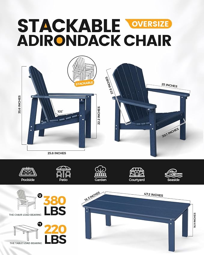 nevilywood 3-Piece HDPE Adirondack Chair Set, 2 Stackable Chairs Coffee Table, All-Weather Wood Grain, Patio Garden Backyard,Navy Blue