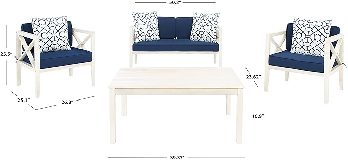 SAFAVIEH Outdoor Collection Nunzio Off-White/Navy Blue Cushion 4-Piece Conversation Patio Set with Accent Pillows