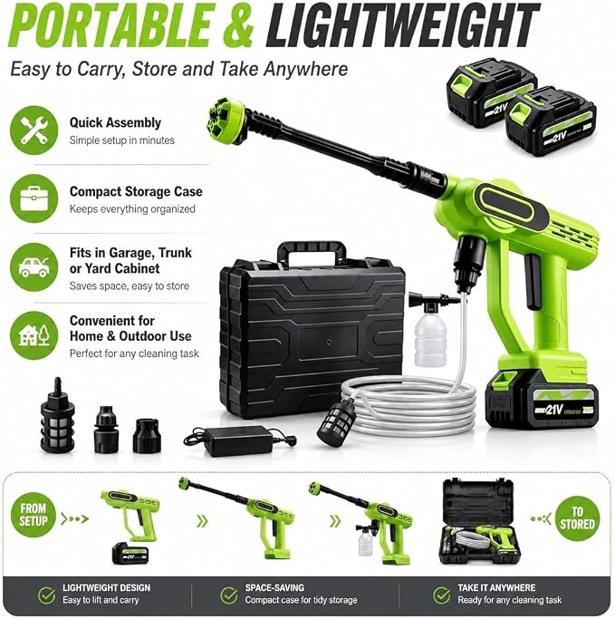 2026 Upgrade Cordless Portable Pressure Washer,1800 Psi Battery Powered Power Washer,Cordless Pressure Washer with 6-in-1 Nozzle,16.5ft Drain Hose & Foam Cannon,for Car,Home,Patio (A, 5 Battery*2)