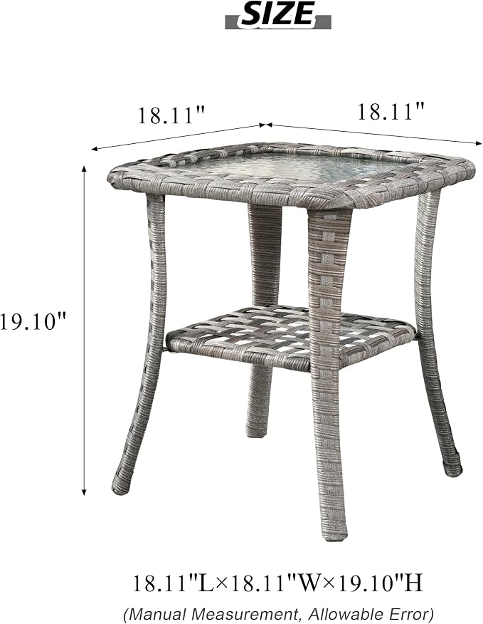 HOOOWOOO Outdoor Patio Side Table with 2 Layers,Wicker Coffee End Table Glass Top,Deck Table for Yard,Deck,Porch,Garden(Grey)