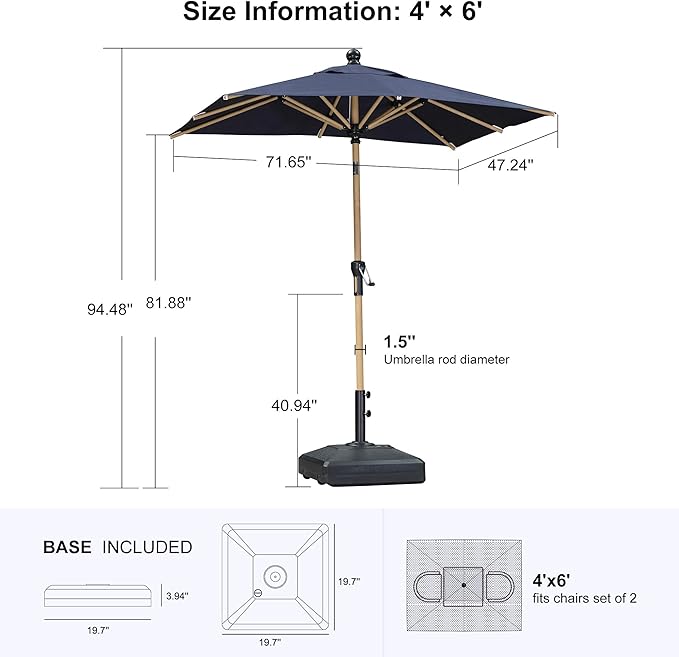 PURPLE LEAF 4' x 6' Patio Umbrella with Base Outdoor Umbrella Aluminum Market Umbrella with Push Button Tilt & Crank and 8 Ribs Rectangular Outdoor Table Umbrella for Pool Garden Beach, Navy Blue