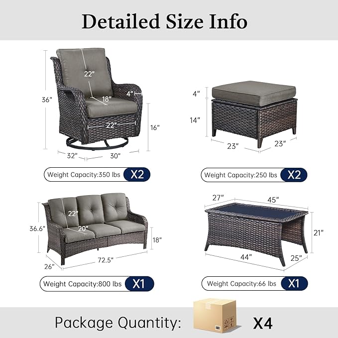 6 Piece High Back Patio Furniture Set - All Weather Patio Conversation Set with 4 Inch Thick Cushions and Deep Seating Swivel Glider Chairs & Outdoor Couch for Porch Deck Yard Pool