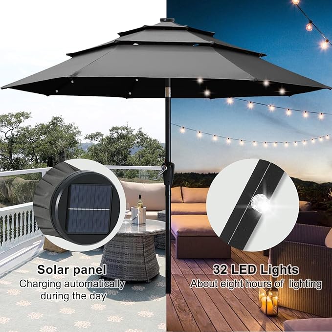 ABCCANOPY Solar Led Patio Umbrellas 3-Tiers 10FT (Dark Gray)
