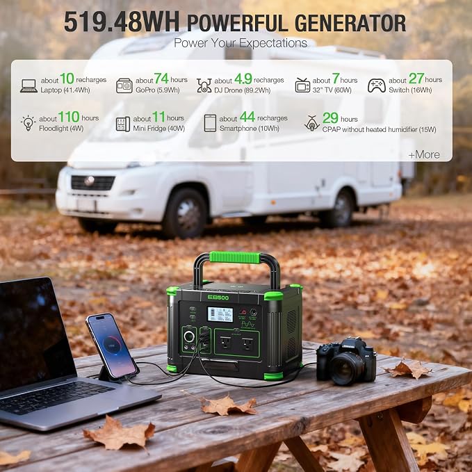 500W Solar Generator with 100W Foldable Solar Panel, Portable Power Station 500W AC Outlet, MC-4 Solar Battery Charger for Home Emergency, Camping, Road Trip, Van