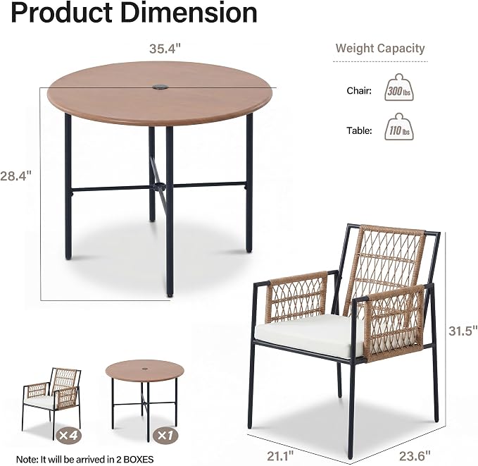 LAUSAINT HOME 5 Piece Outdoor Patio Dining Set, PE Rattan Patio Furniture Set with 4 Cushioned Armchairs & 1 Round Dining Table with Umbrella Hole, Steel Frame for Backyard, Porch, Poolside, Beige