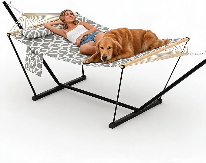 Double Hammock with Stand, 2 Person Heavy Duty Outdoor Hammock with 12FT Stand, Adjustable Steel Frame, Detachable Pillow,Carry Bag Included,450lbs Capacity, Indoor Outdoor Swing Bed–Light Gray