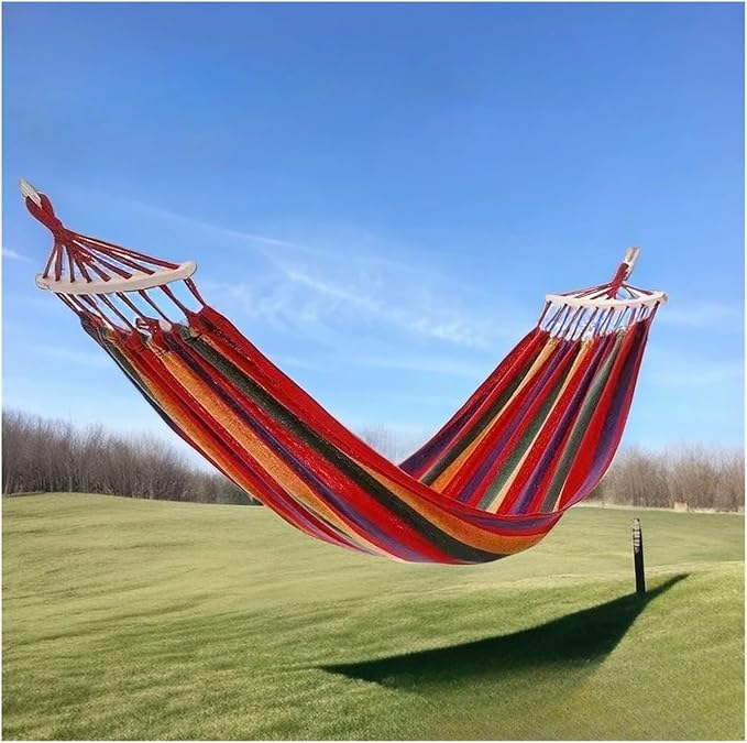 Canvas Hammock Outdoor Thickened Anti-Rollover Sleeping Swing Hanging Tree Camping(Bent Wood Blue Suit)